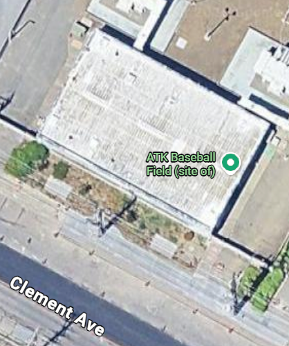 The image depicts a parking lot with a baseball field and the address Clement Ave marked.AI-generated content may be incorrect.