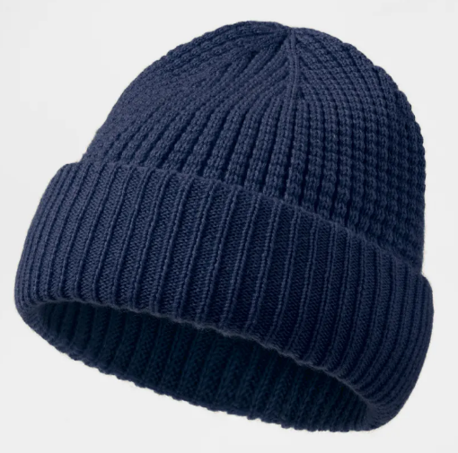 A blue knit hat on a white backgroundAI-generated content may be incorrect.