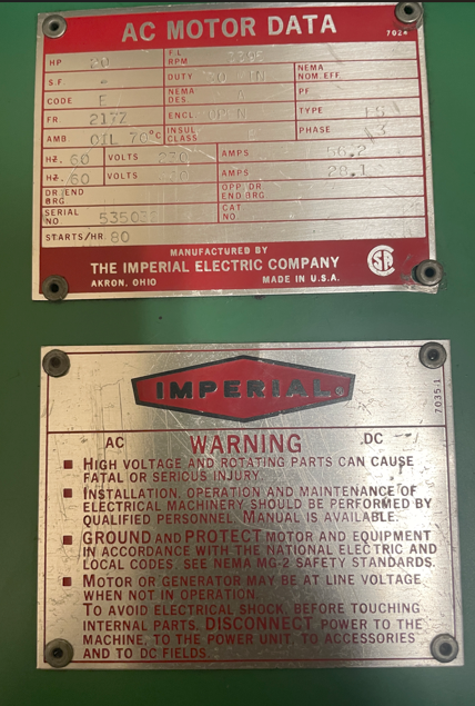 The image is a certificate of compliance for an AC motor made by Imperial Electric Company, detailing its specifications, safety warnings, and installation instructions.AI-generated content may be incorrect.