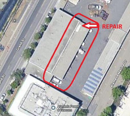 The image shows a diagram indicating a repair direction on Grand Street, with nearby addresses including Alameda Marina Dr and Alameda Power & Telecom.AI-generated content may be incorrect.